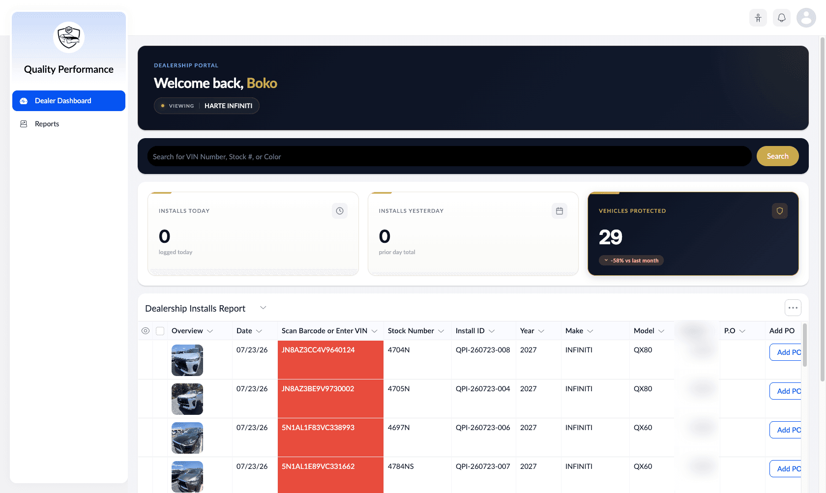 The Quality Performance dealer dashboard showing install reports, VIN tracking, and vehicles protected