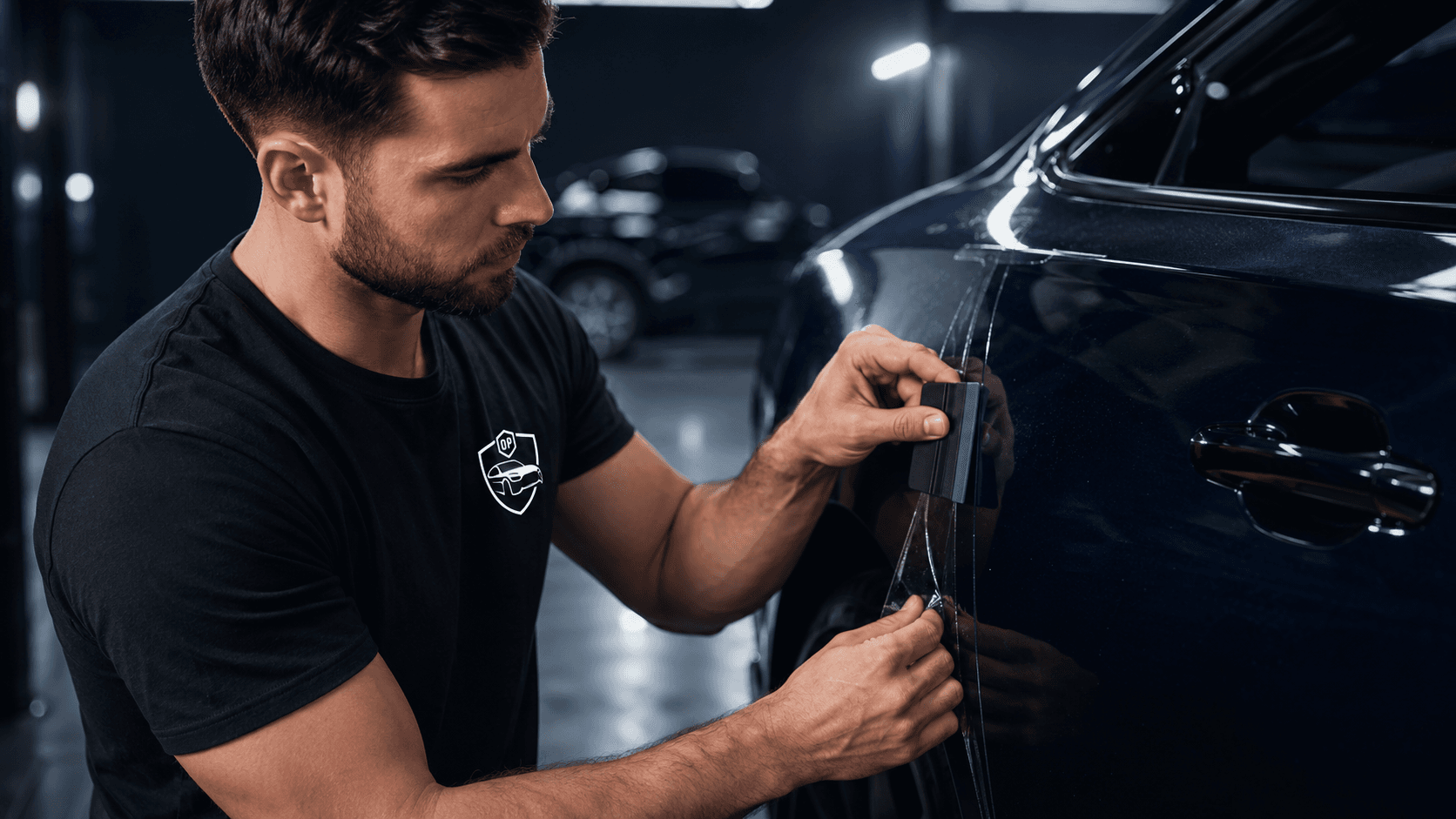 A Quality Performance installer smoothing clear protection film onto a car door edge